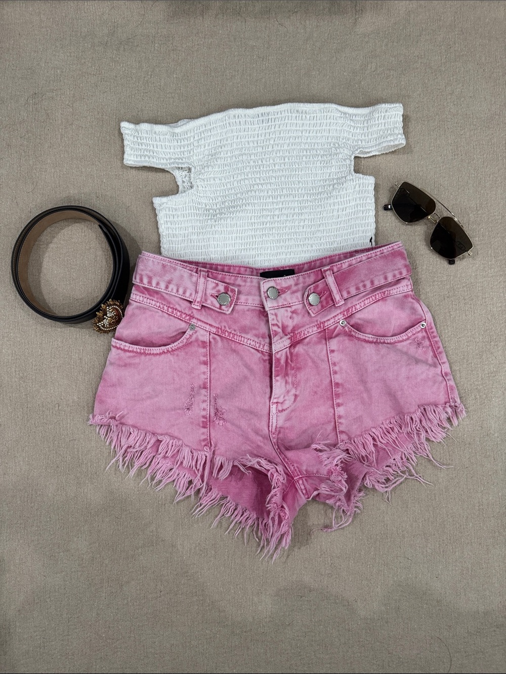 Retrofete Pink Distressed High-Waist Denim Shorts